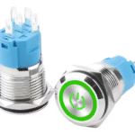 XEXAGON 16mm Waterproof LED Latching Momentary Flat Head Illuminated Push Button Switch with Power Symbol Metal Ring IP65 16mm Diameter