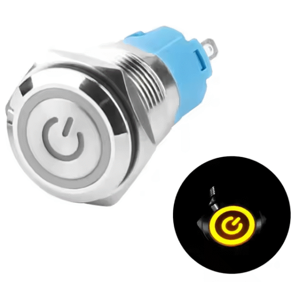 xexagon Momentary Push Button Switches 16mm Flat Symbol Power Yellow LED 5A Metal Push Button Switch