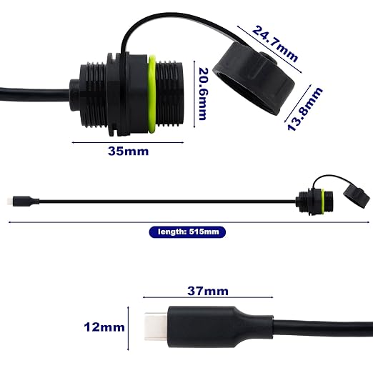 Industrial Waterproof USB Type-C Panel Mount Extension Cable – M20, 1 Meter - Image 4