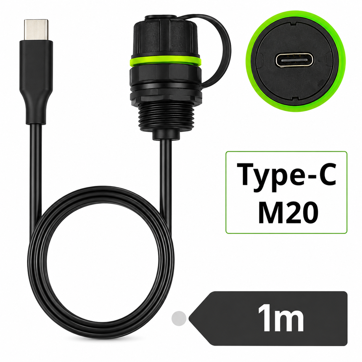 Industrial Waterproof USB Type-C Panel Mount Extension Cable – M20, 1 Meter